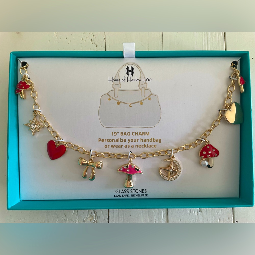 NWT House of Harlow 1960 19” Bag Charm Necklace Glass Stones Convertible